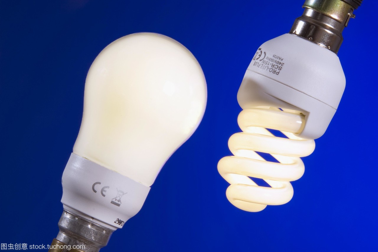 節能燈泡。兩種不同類型的緊湊型熒光燈cfl或節能燈泡,包括螺旋型左和圓形右。螺旋型為11瓦,相當于60瓦白熾燈。圓型為15瓦,相當于75瓦白熾燈。熒光燈泡比燈絲燈泡產生的熱量要少,因此更多的電能轉化為光,使它們更有效率。